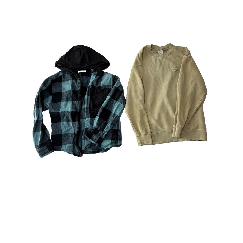 Boys Zara Clothing Lot 2 Pc Size‎ 11-12 Plaid Hooded Jacket Crewneck Sweatshirt